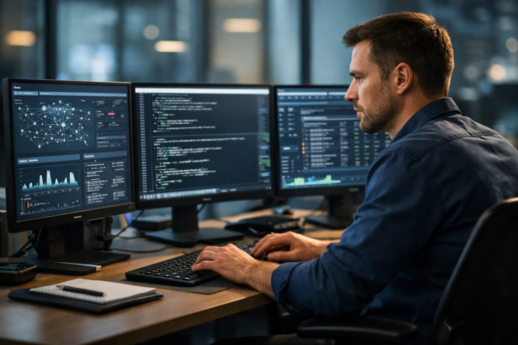 Cybersecurity security engineer reviewing network dashboards and code across multiple monitors.