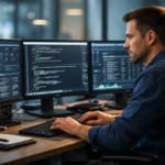 Cybersecurity security engineer reviewing network dashboards and code across multiple monitors.