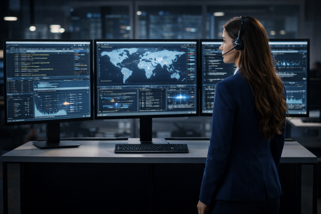 Incident responder analyzing cybersecurity logs and security alerts across multiple computer monitors