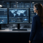 Incident responder analyzing cybersecurity logs and security alerts across multiple computer monitors