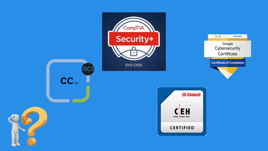 Visual comparison of beginner cybersecurity certifications in 2026: Security+, ISC2 CC, Google Cybersecurity Certificate, and CEH.