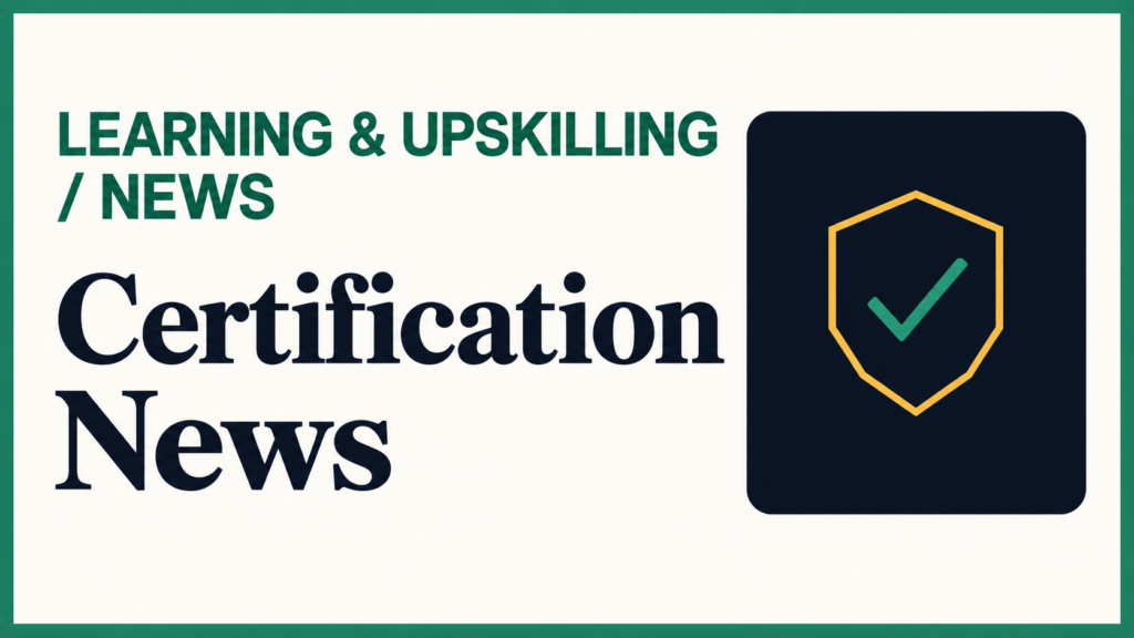 Certification news thumbnail with a green border and shield and check mark
